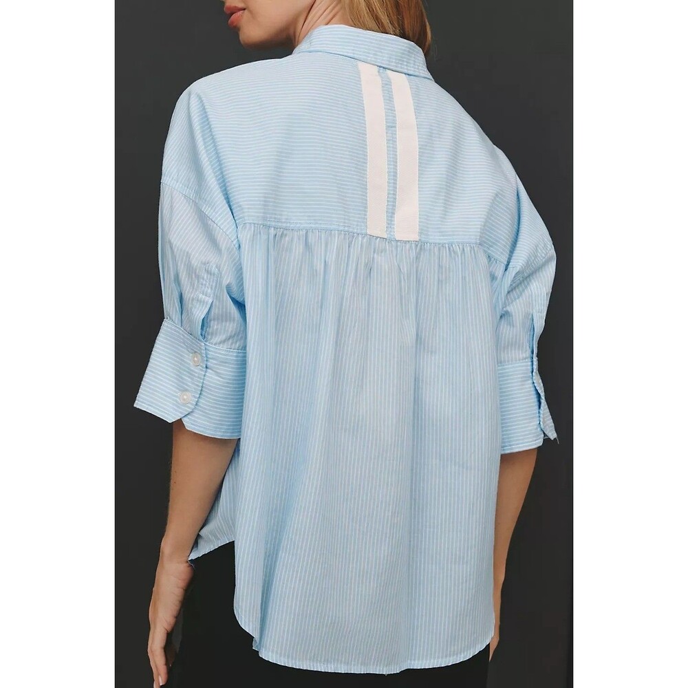 Maeve Anthropologie Buttondown Shirt Top Cat Embroidered Striped Blue XS 287043 - Picture 2 of 8
